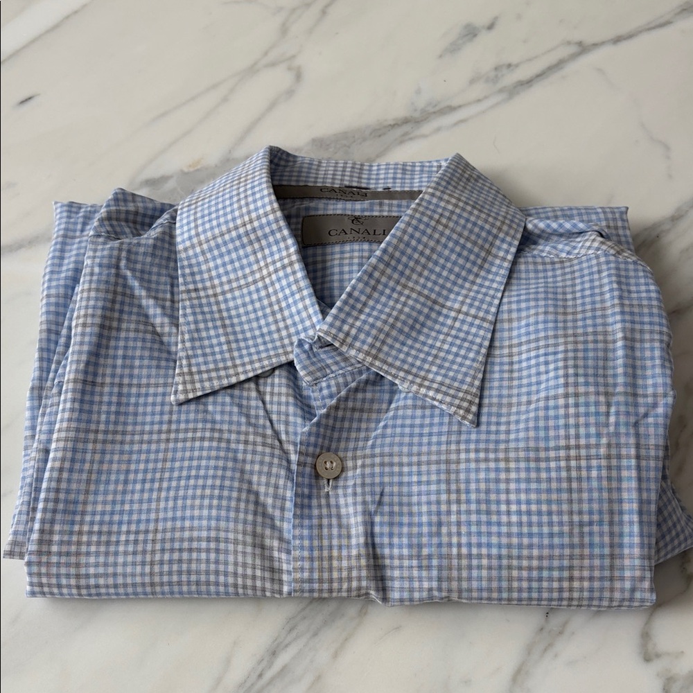 Canali Men's Light Blue and White Check Shirt